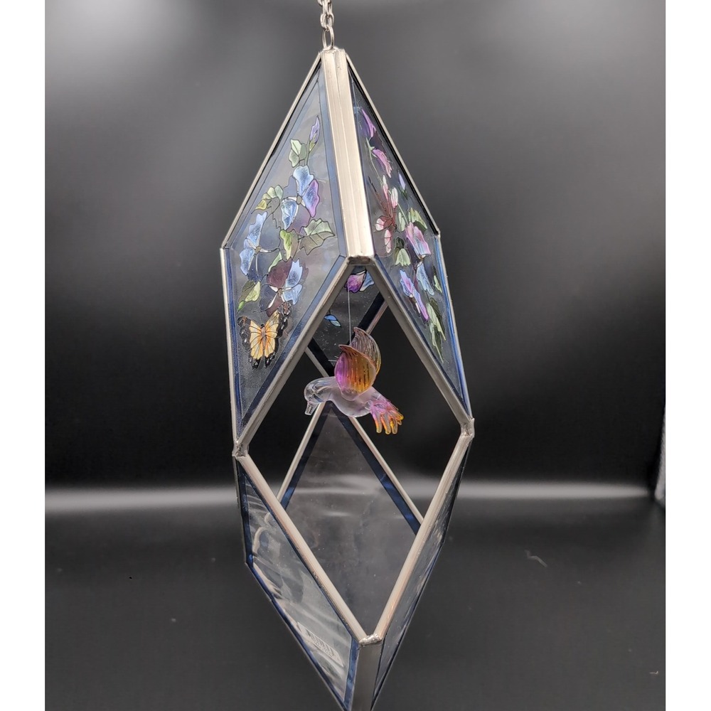 AMIA Hand Painted Glass Hummingbird Butterfly Floral Hanging Suncatcher Mobile